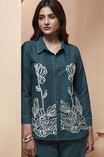 Women's navy blue embroidered cotton flex co-ord set