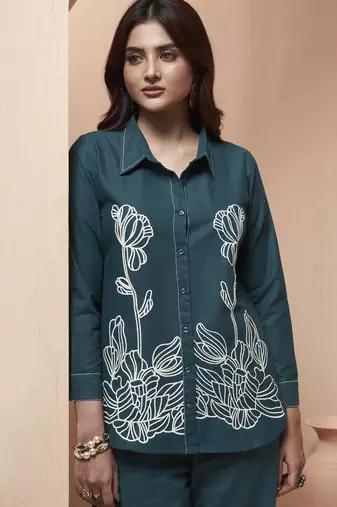 Women's navy blue embroidered cotton flex co-ord set