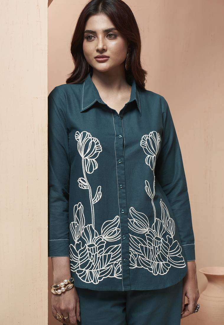 Women's navy blue embroidered cotton flex co-ord set