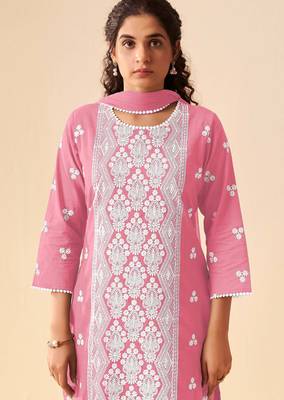Pink pure cotton embroidered thread work ethnic kurta set with matching dupatta 3
