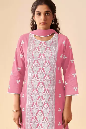 Pink pure cotton embroidered thread work ethnic kurta set with matching dupatta