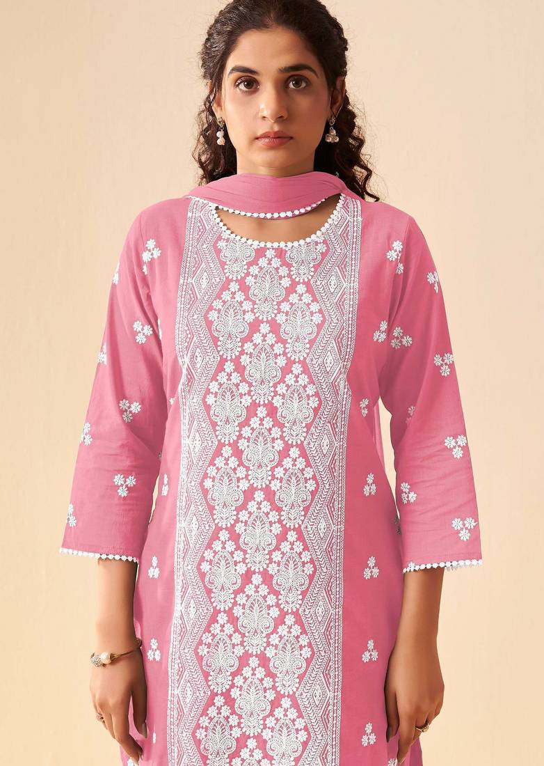 Pink pure cotton embroidered thread work ethnic kurta set with matching dupatta