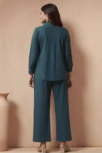 Women's navy blue embroidered cotton flex co-ord set