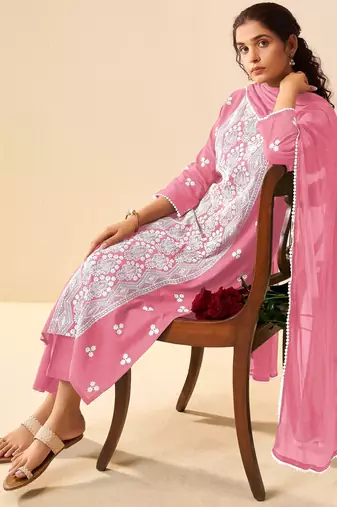 Pink pure cotton embroidered thread work ethnic kurta set with matching dupatta