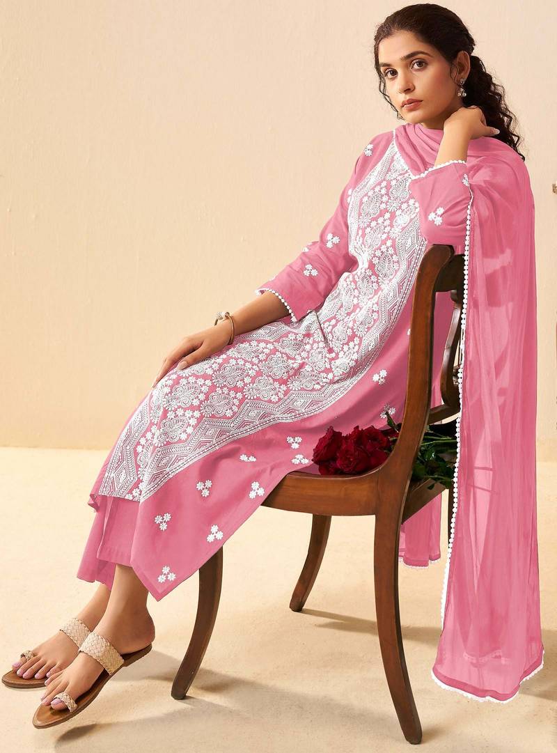Pink pure cotton embroidered thread work ethnic kurta set with matching dupatta