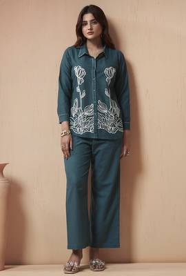 Women's navy blue embroidered cotton flex co-ord set 3