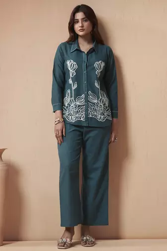 Women's navy blue embroidered cotton flex co-ord set