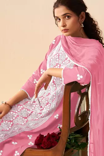 Pink pure cotton embroidered thread work ethnic kurta set with matching dupatta