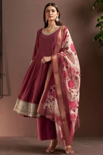 Wine chinon embroidered zari work ethnic kurta set with matching dupatta