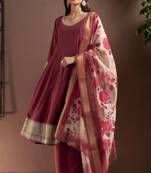 Wine chinon embroidered zari work ethnic kurta set with matching dupatta
