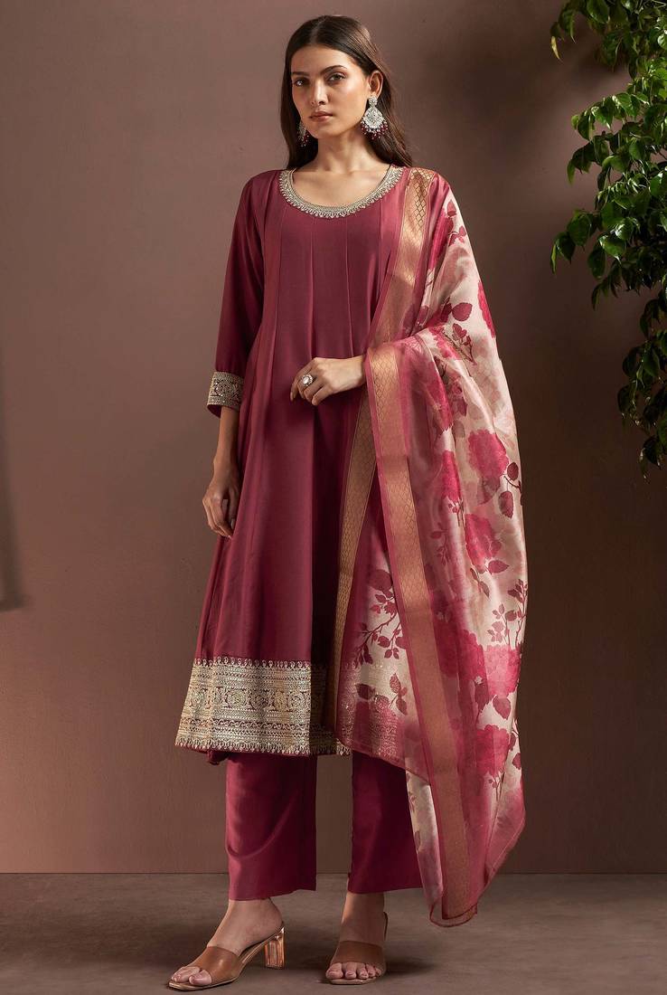 Wine chinon embroidered zari work ethnic kurta set with matching dupatta