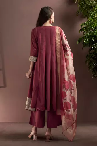 Wine chinon embroidered zari work ethnic kurta set with matching dupatta