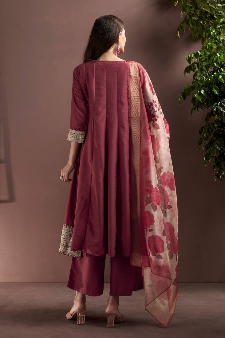 Wine chinon embroidered zari work ethnic kurta set with matching dupatta