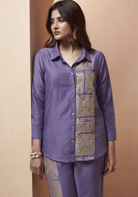 Women's lavender embroidered cotton blend co-ord set 1