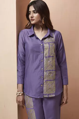 Women's lavender embroidered cotton blend co-ord set