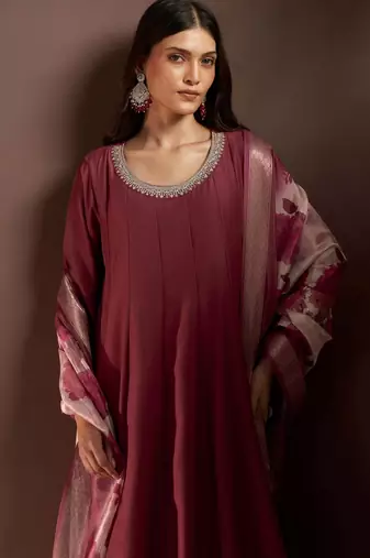 Wine chinon embroidered zari work ethnic kurta set with matching dupatta