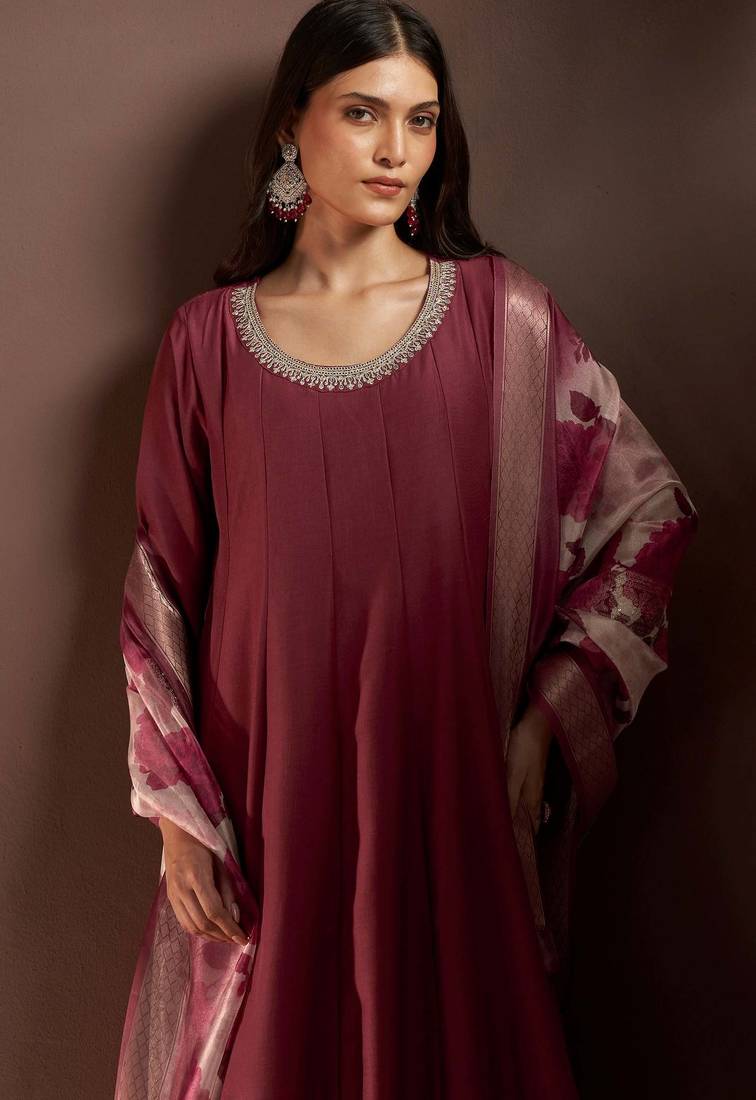 Wine chinon embroidered zari work ethnic kurta set with matching dupatta