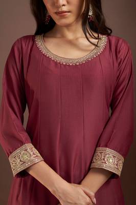 Wine chinon embroidered zari work ethnic kurta set with matching dupatta 5