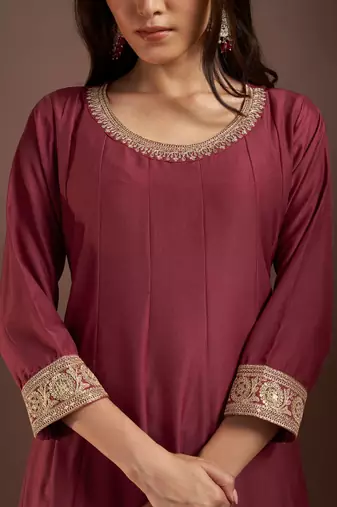 Wine chinon embroidered zari work ethnic kurta set with matching dupatta