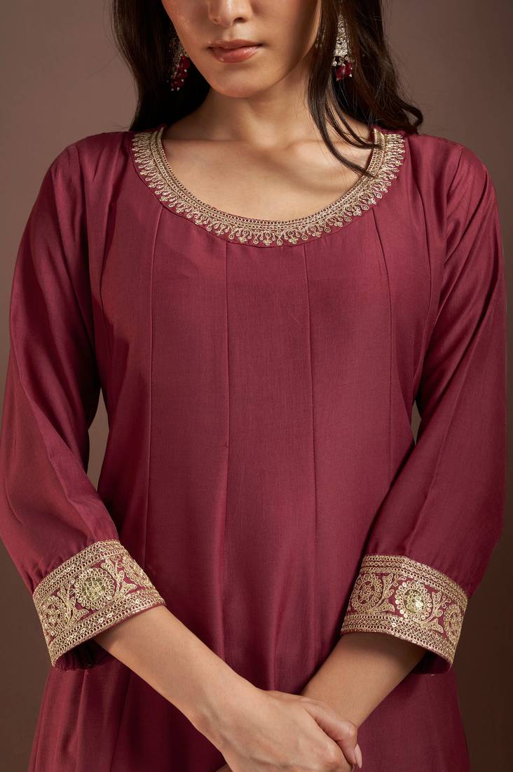 Wine chinon embroidered zari work ethnic kurta set with matching dupatta