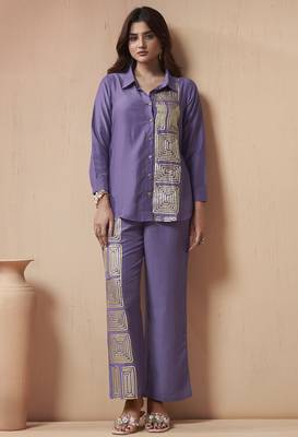 Women's lavender embroidered cotton blend co-ord set 3