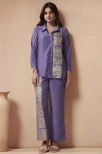 Women's lavender embroidered cotton blend co-ord set