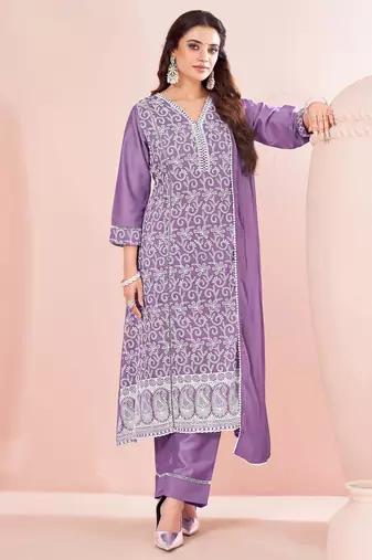 Lavender chinon embroidered thread work ethnic kurta set with matching dupatta