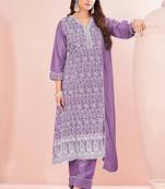 Lavender chinon embroidered thread work ethnic kurta set with matching dupatta
