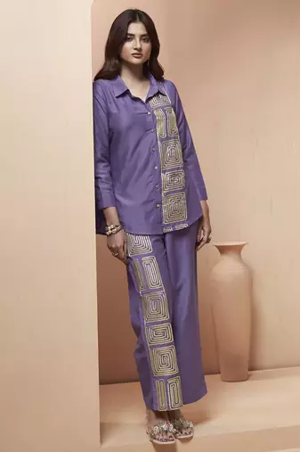 Women's lavender embroidered cotton blend co-ord set