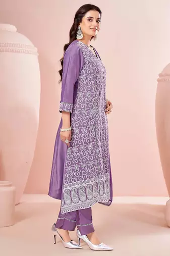 Lavender chinon embroidered thread work ethnic kurta set with matching dupatta