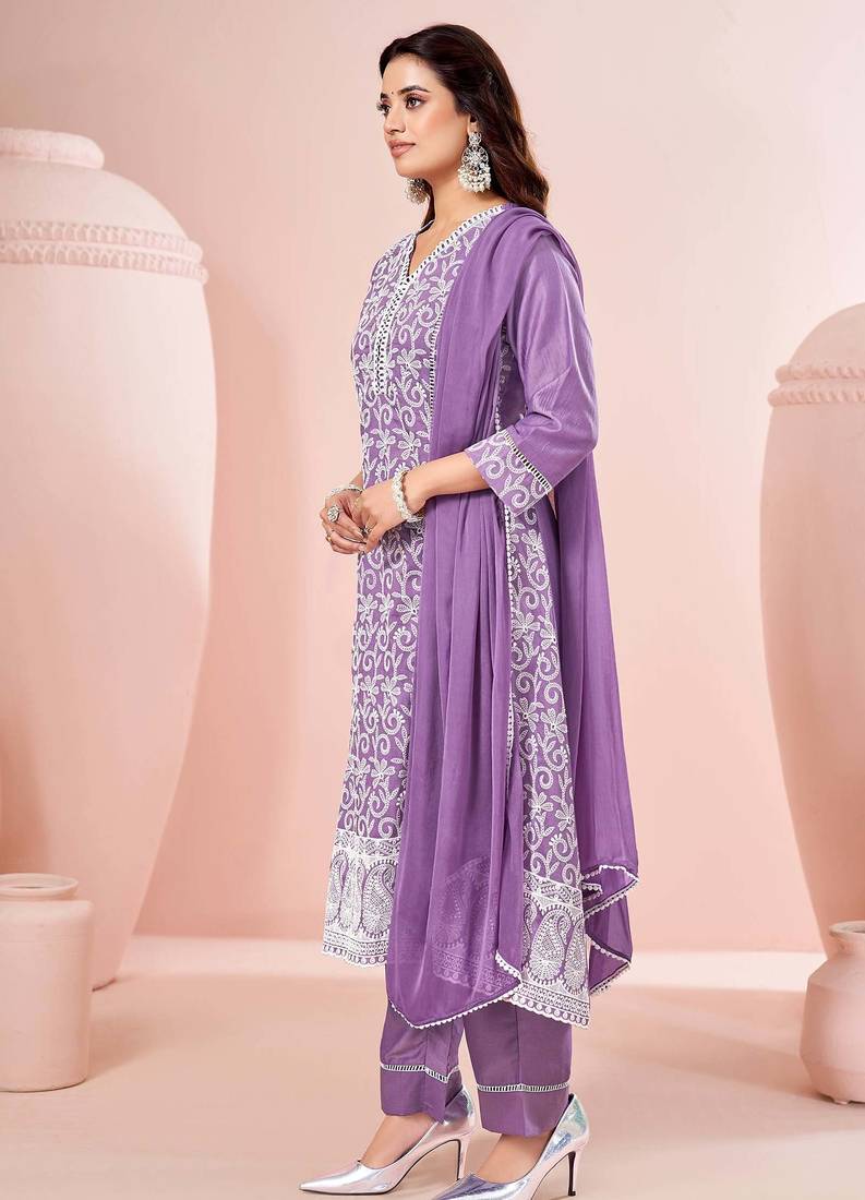 Lavender chinon embroidered thread work ethnic kurta set with matching dupatta