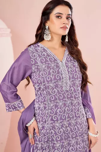 Lavender chinon embroidered thread work ethnic kurta set with matching dupatta