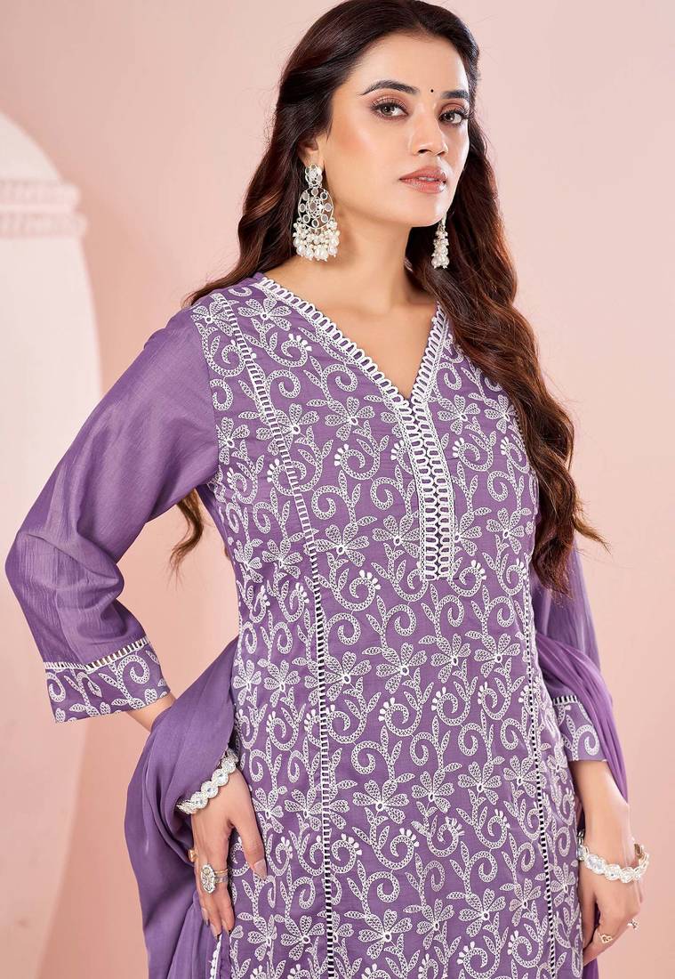 Lavender chinon embroidered thread work ethnic kurta set with matching dupatta