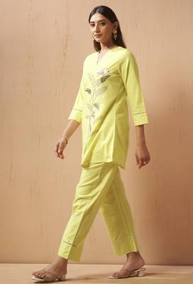 Yellow embroidered handwork cotton blend co-ord set 1