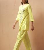 Yellow embroidered handwork cotton blend co-ord set