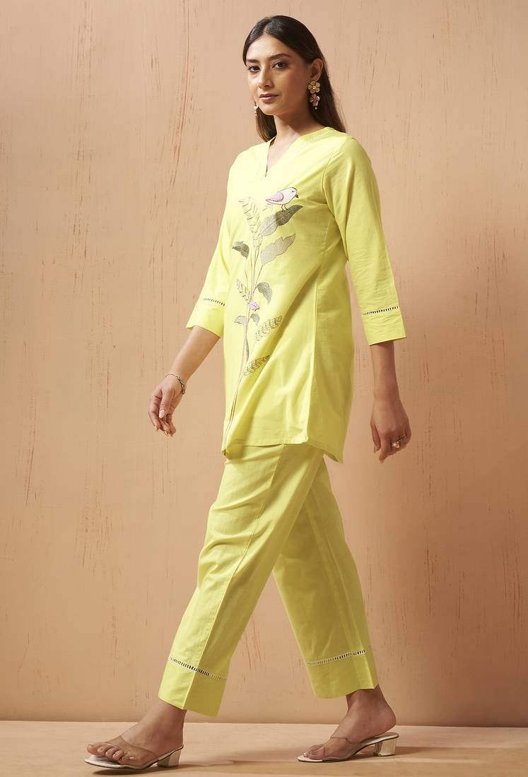 Yellow embroidered handwork cotton blend co-ord set