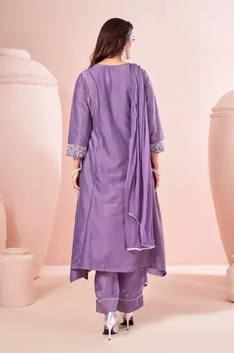 Lavender chinon embroidered thread work ethnic kurta set with matching dupatta
