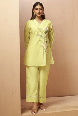 Yellow embroidered handwork cotton blend co-ord set 2