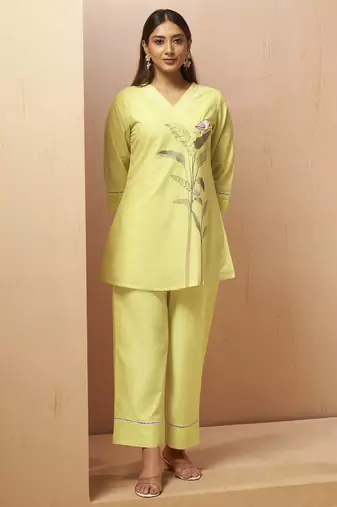 Yellow embroidered handwork cotton blend co-ord set
