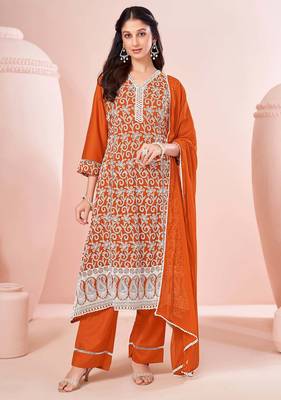 Orange chinon embroidered thread work ethnic kurta set with matching dupatta 1