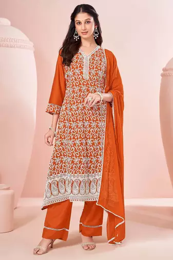 Orange chinon embroidered thread work ethnic kurta set with matching dupatta