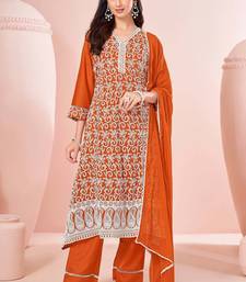 Orange chinon embroidered thread work ethnic kurta set with matching dupatta