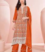 Orange chinon embroidered thread work ethnic kurta set with matching dupatta