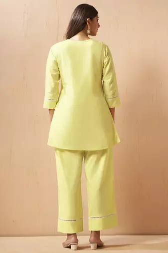 Yellow embroidered handwork cotton blend co-ord set