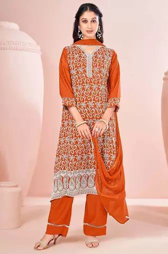 Orange chinon embroidered thread work ethnic kurta set with matching dupatta