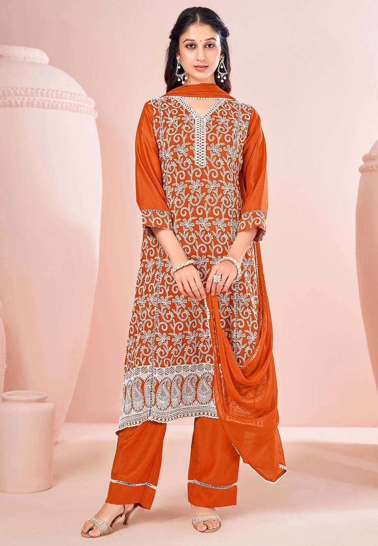 Orange chinon embroidered thread work ethnic kurta set with matching dupatta