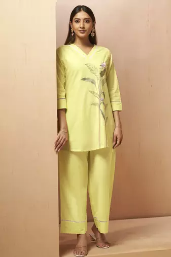 Yellow embroidered handwork cotton blend co-ord set