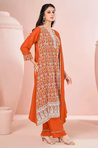 Orange chinon embroidered thread work ethnic kurta set with matching dupatta