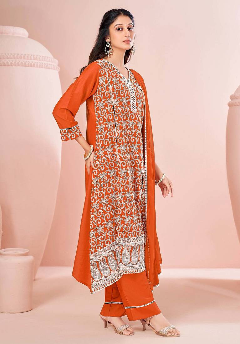 Orange chinon embroidered thread work ethnic kurta set with matching dupatta