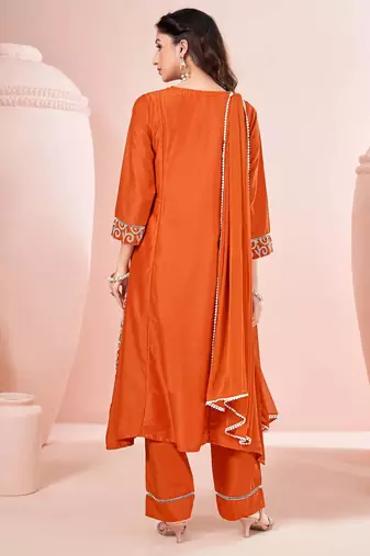 Orange chinon embroidered thread work ethnic kurta set with matching dupatta